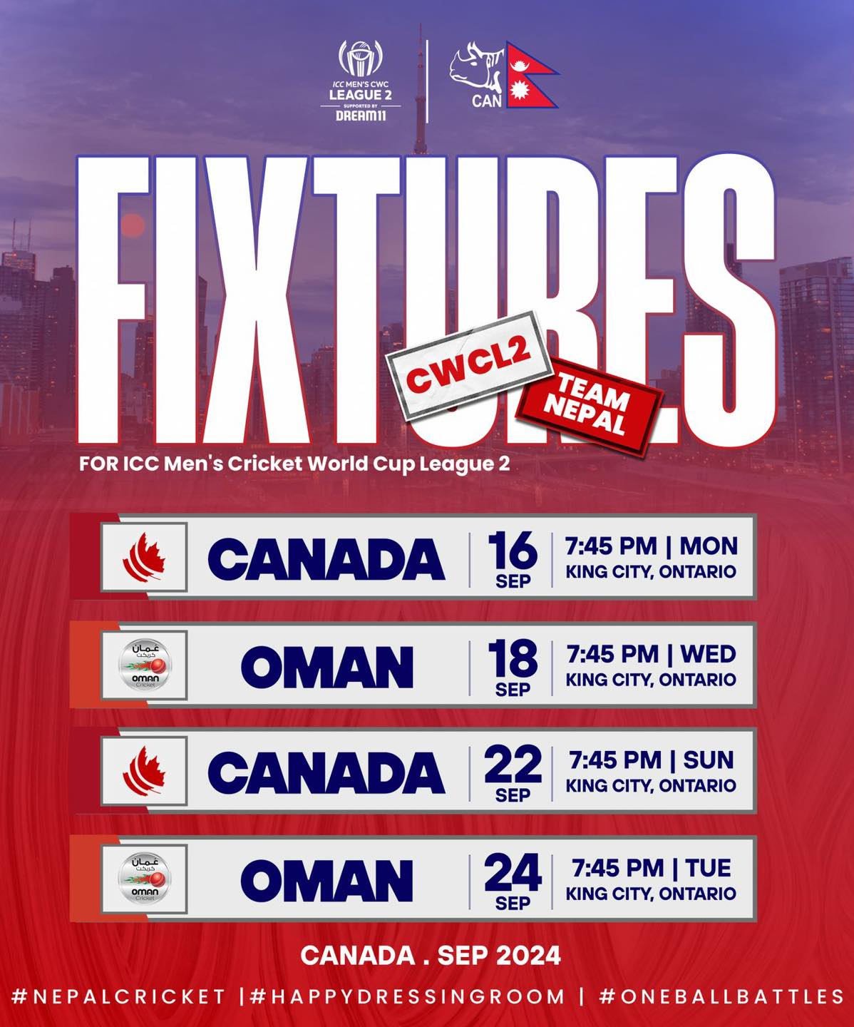 नेपाल  र क्यानडाबीचको खेल भदौ ३१ गते